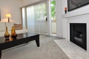 Fireplace with granite tiles.